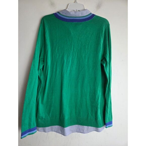 NOWT Talbots Green w/Blue Pinstrip Cotton Cashmere Blend Overlay Sweater Large - Picture 2 of 7